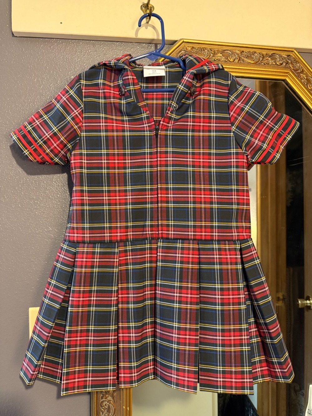 Girls' Red Plaid Hooded Pleated Dress